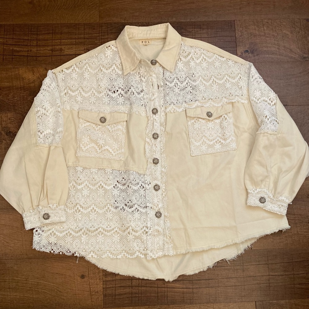 POL Lace Demin Jacket Cream Oversized Boho Button Front Puff Sleeve Size L